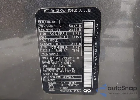 2019 Infiniti Qx50 Luxe z USA, uszkodzony, nr VIN 3PCAJ5M31KF127864